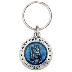 Key Ring - Pewter Blue Enameled St Christopher
